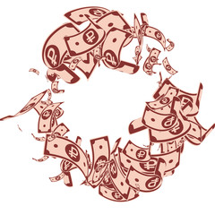 Russian ruble notes falling. Messy RUB bills on wh