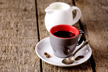 Cup of Espresso Gray Coffee Cup with black Coffee on Wooden Background Horizontal Breakfast Concept
