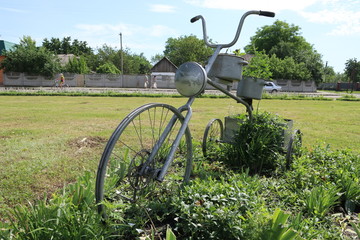 Metal sculpture of bicycle as flowerbed.