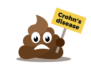 Crohn's disease - sad ill excrement is holding banner of medical diagnosis of illness. Vector illustration