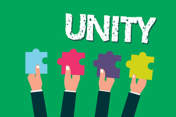 Word writing text Unity. Business concept for state of being united or joined as whole becoming one person.