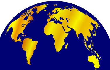 Vector Golden Map on Blue Earth Globe Isolated, Colorful Background Template, Illustration.