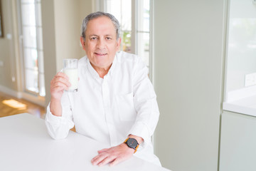 Obraz premium Handsome senior man drinking a glass of fresh milk at breakfast with a confident expression on smart face thinking serious