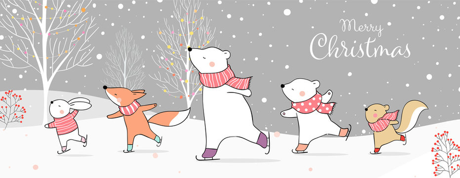 Draw banner animal on ice skates in snow Winter concept.