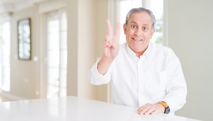 Obraz premium Handsome senior man at home smiling looking to the camera showing fingers doing victory sign. Number two.