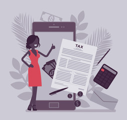 Mobile tax payment service for businesswoman. Female taxpayer making financial contribution via smartphone, employer calculating total income, earning online. Vector illustration, faceless character