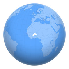 Burkina Faso on the globe. Earth centered at the location of Burkina Faso. Map of Burkina Faso. Includes layer with capital cities.
