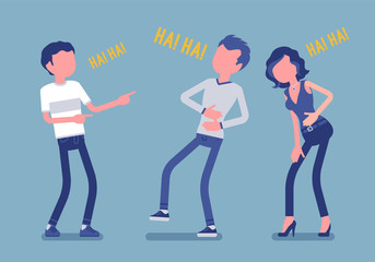 Naklejka premium Friends joking and laughing. Happy boys and young girl enjoy together funny friendly jokes, enjoyment, amusement, deep hearty belly laugh with positive humor. Vector illustration, faceless characters