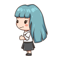 Vector illustration of cute chibi character isolated on white background. Young girl with blue hair. Formal black skirt and white blouse.