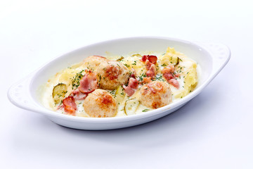 meatballs with mashed potatoes on white