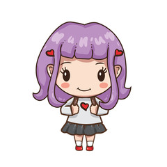 Vector illustration of cute chibi character isolated on white background.  Young school girl in white blouse and blue skirt. 