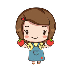 Vector illustration of сhibi cute character isolated on white background. Girl holding red tomato. 