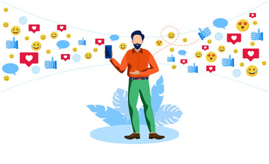 social media icons and man showing phone