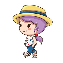 Vector illustration of cute chibi character. Cartoon walking girl in blue jeans, white t-shirt and hat with blue ribbon.