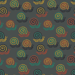 A seamless vector pattern with colorful dotted snails on a dark background. Surface print design.
