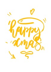 Obraz premium happy xmas lettering hand christmas greetings text -merry xmas - with holly leaves and snowflakes