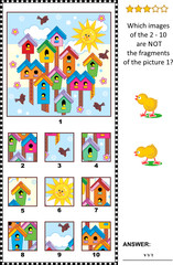 Spring visual logic puzzle with birdhouses, birds and nestlings early in the morning: What of the 2 - 10 are not the fragments of the picture 1? Answer included.
