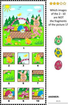 Easter holiday themed visual logic puzzle with Easter bunny, eggs, chicks and basket: What of the 2 - 10 are not the fragments of the picture 1? Answer included.