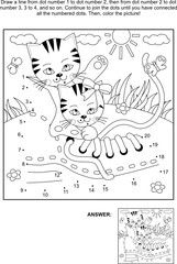 Connect the dots picture puzzle and coloring page with cute playful kittens and old shoe. Answer included.