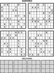 Four sudoku puzzles of comfortable (easy, yet not very easy) level, on A4 or Letter sized page with margins, suitable for large print books, answers included. Set 9.