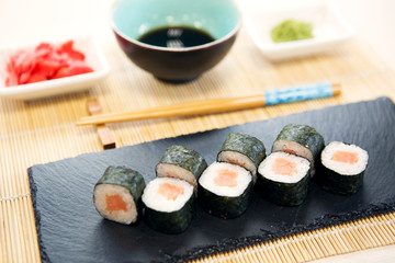 beautiful, bright, sushi sets,as a background, against the backdrop, closeup Healthy and tasty food.