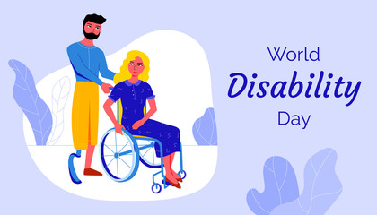Woman in a wheelchair and men with leg prothesis staying together on International Day of people with disabilities (December, 3) to increase public awareness and acceptance of people with disability 