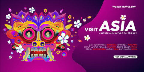 World Travel Day Asian Visit Banner Template. Vector Illustration of Indonesian Culture Mask and Puppet for Landing Page Banner.