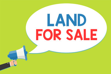 Word writing text Land For Sale. Business concept for Real Estate Lot Selling Developers Realtors Investment Man holding megaphone loudspeaker speech bubble message speaking loud