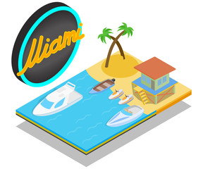 Coast miami concept banner. Isometric banner of coast miami vector concept for web, giftcard and postcard