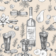 Seamless pattern with hand drawn Christmas winter spices, glasses of traditionally hot winter drinks and wine bottle. Good idea for templates menu, recipes, greeting cards