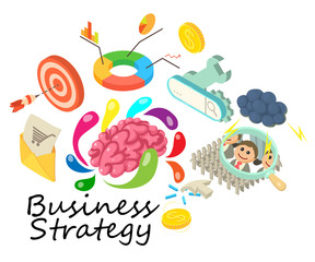 Business strategy concept banner. Isometric banner of business strategy vector concept for web, giftcard and postcard