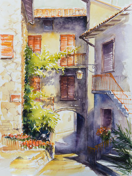 Architecture of village Limone sul Garda on Garda Lake, Italy . Picture created with watercolors.