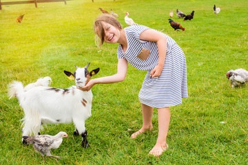 beautiful girl on holiday at the farm donating to goats