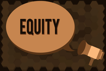 Handwriting text Equity. Concept meaning Value of a company divided into equal parts owned by shareholders.