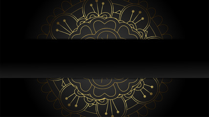 Round gradient mandala on black isolated background. Vector boho mandala in golden colors. Mandala with floral patterns. Yoga template