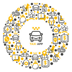 Fototapeta na wymiar Taxi app concept in circle thin line icons: payment method, promocode, app settings, info, support service, pointer, route, destination, airport transfer, baby seat. Vector illustration