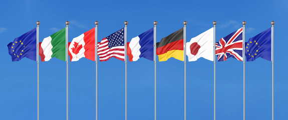 45th G7 summit , Nouvelle-Aquitaine, France. 7 Silk waving flags of countries of Group of Seven - Canada, France, Japan, Germany, Italy, USA states, United Kingdom. 3D illustration.
