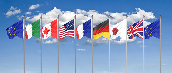 45th G7 summit , August 24–26, 2019 in Biarritz, Nouvelle-Aquitaine, France. 7 Silk waving flags of countries of Group of Seven - Canada, France, Japan, Germany, Italy, USA states, United Kingdom. Big