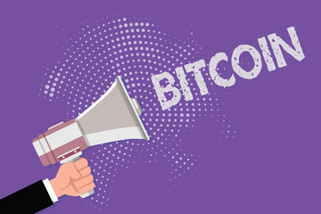 Handwriting text Bitcoin. Concept meaning Cryptocurrency Blockchain Digital currency Tradeable token.