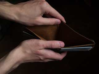 Man hand open an empty wallet close up