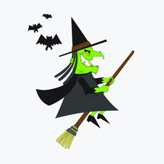 Obraz premium retro halloween witch cartoon with hat and broom