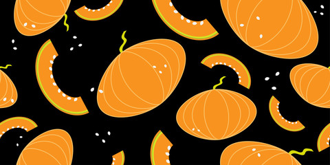 Seamless pattern of whole and cut pumpkins with seeds, Halloween and Thanksgiving concept