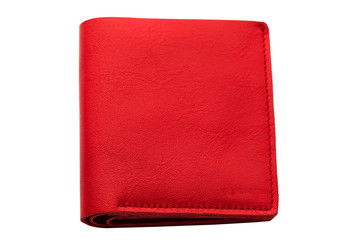 Red leather purse on a white background close-up.Compact wallet