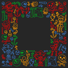 Vector set of pirates children's drawings icons in doodle style. Painted, black colorful, chalk pictures on a blackboard.