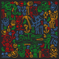 Vector set of pirates children's drawings icons in doodle style. Painted, black colorful, chalk pictures on a blackboard.