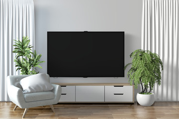 Tv shelf in modern empty room and decoration plants on white wall floor wooden.3D rendering