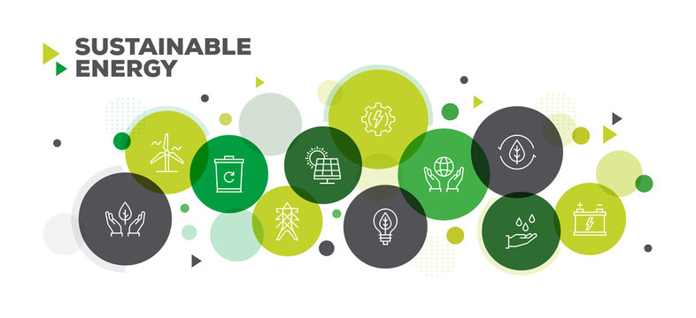 SUSTAINABLE ENERGY ICONS ON MULTI COLORED BACKGROUND BANNER DESIGN