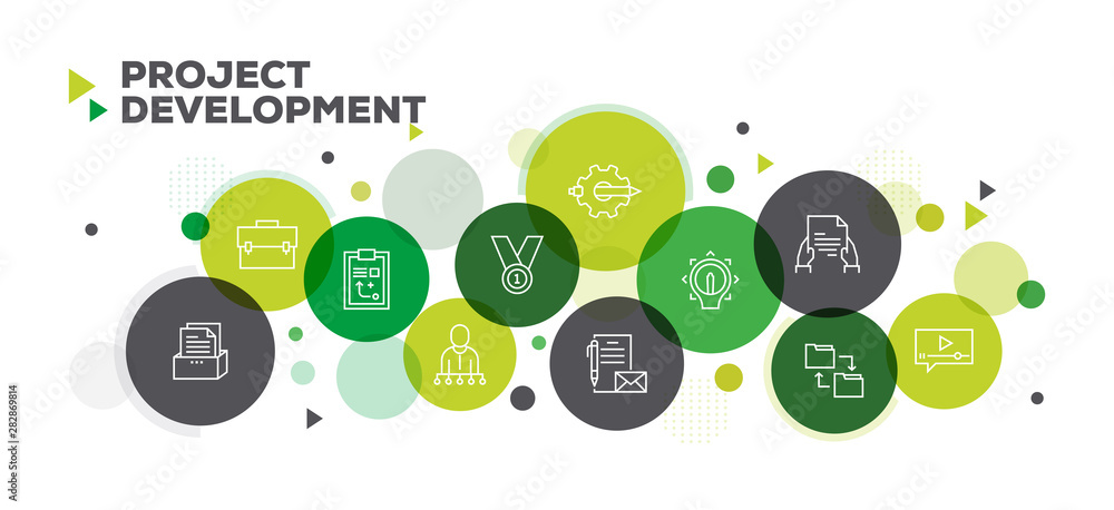 Poster project development icons on multi colored background banner design