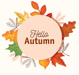 hello autumn label with leaves and plants © Gstudio