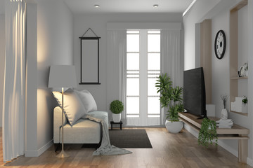 Tv shelf in modern empty room and decoration plants on white wall floor wooden.3D rendering